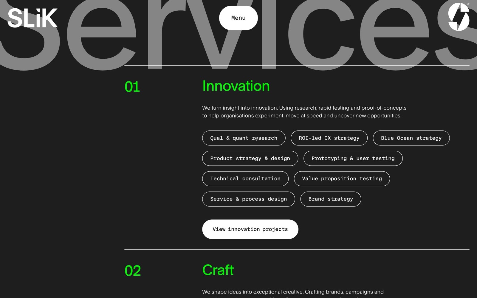 Large "Services" text background, white "Menu" button at center. Green "01 Innovation" with black bubbles listing services, and "02 Craft" below.