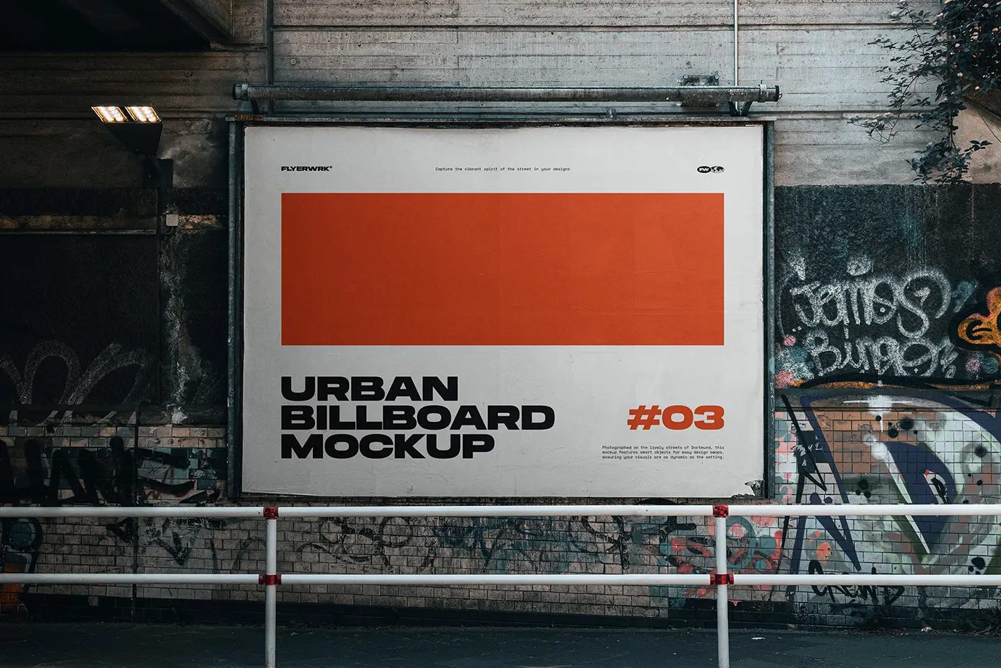 Urban billboard mockup mounted on graffiti wall in detailed daytime urban scene