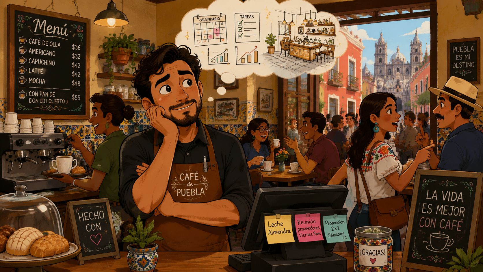 Dueño de una cafetería en Puebla pensando en la gestión de su negocio y tareas diarias.