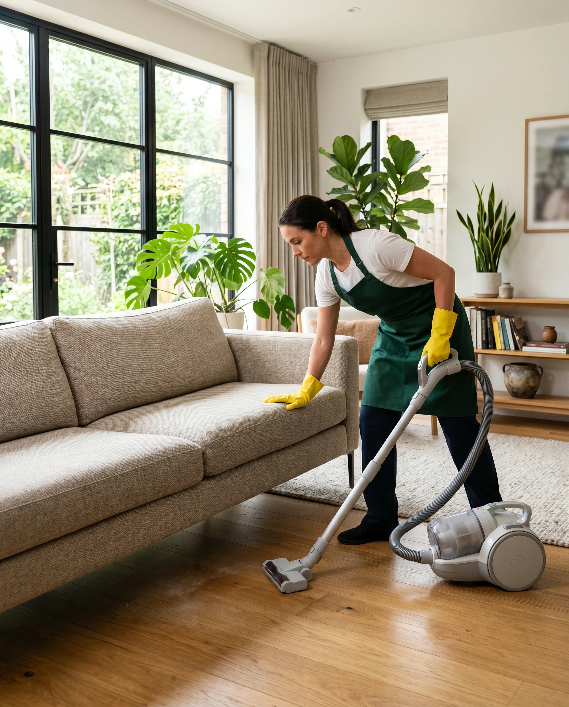 A woman in gloves vacuums under a sofa in a bright living room.