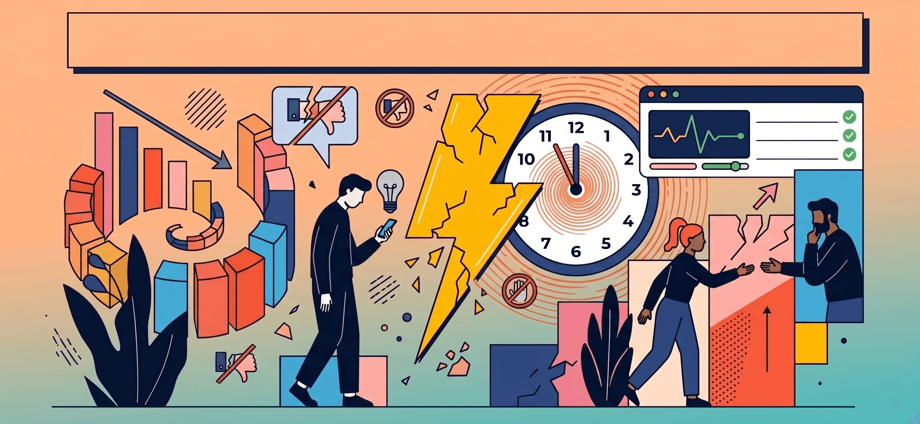 Illustration showing signs of quiet quitting in the workplace, including declining engagement charts, an employee disengaging from work, a broken productivity clock, and managers using pulse surveys to re-engage their team.