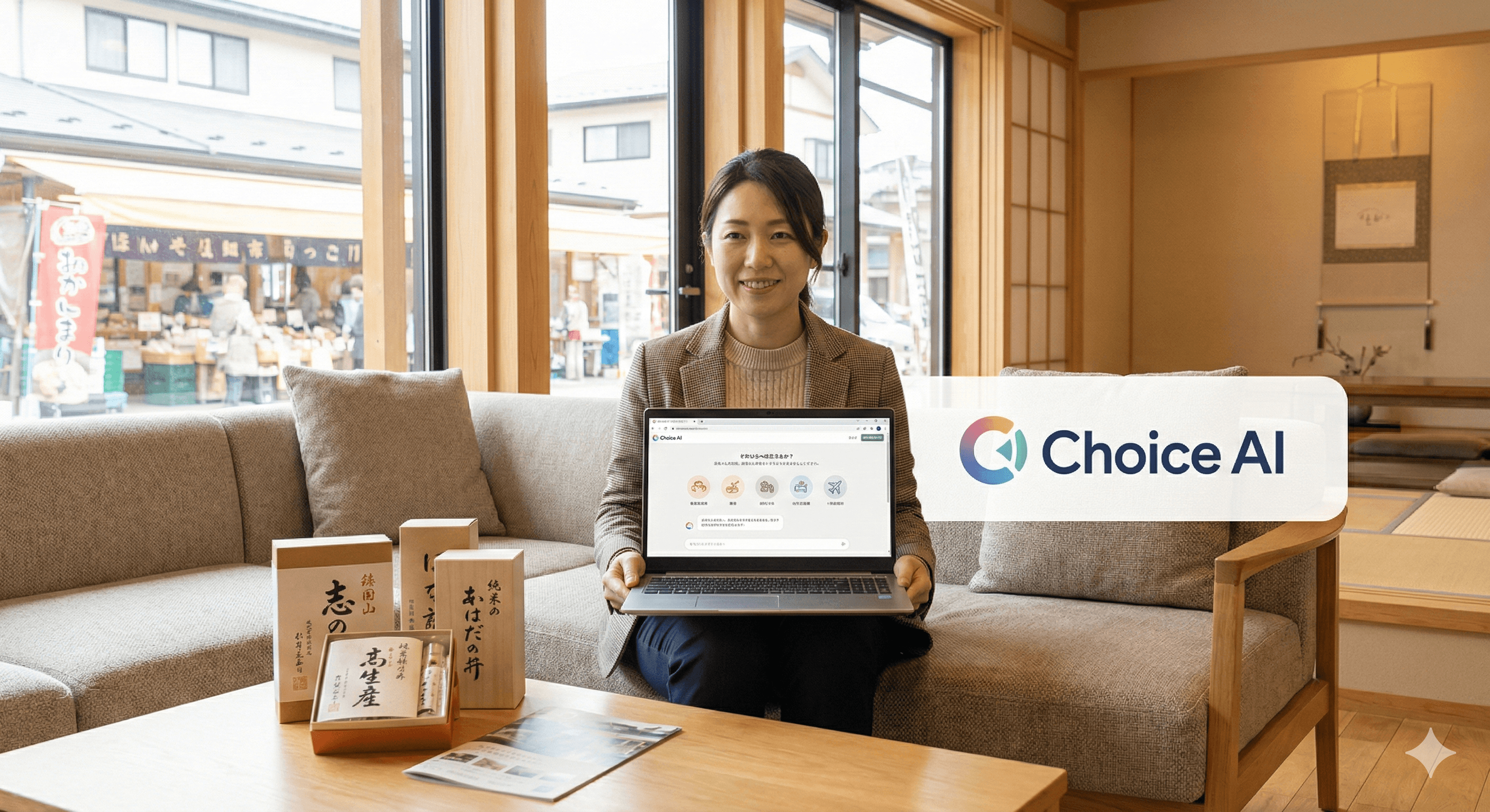 A person sits on a wooden sofa in a modern, well-lit room, holding a laptop displaying an application interface, with boxes of traditional goods on the table beside them; the Choice AI logo appears prominently.