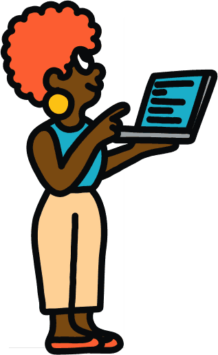 Illustration of a girl holding a laptop and pointing at the screen.