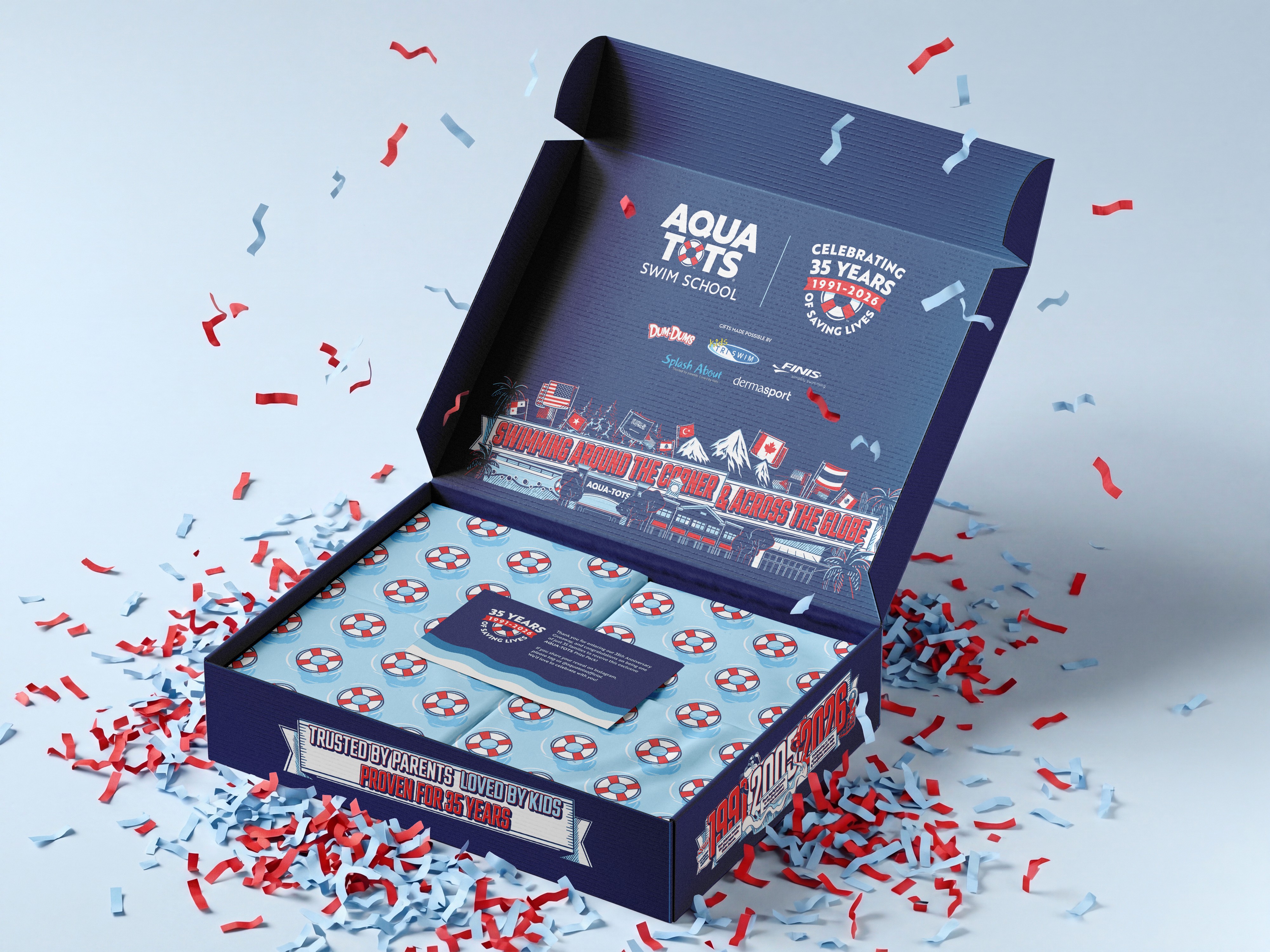 Aqua-Tots 35 year anniversary giveaway box open with confetti around it