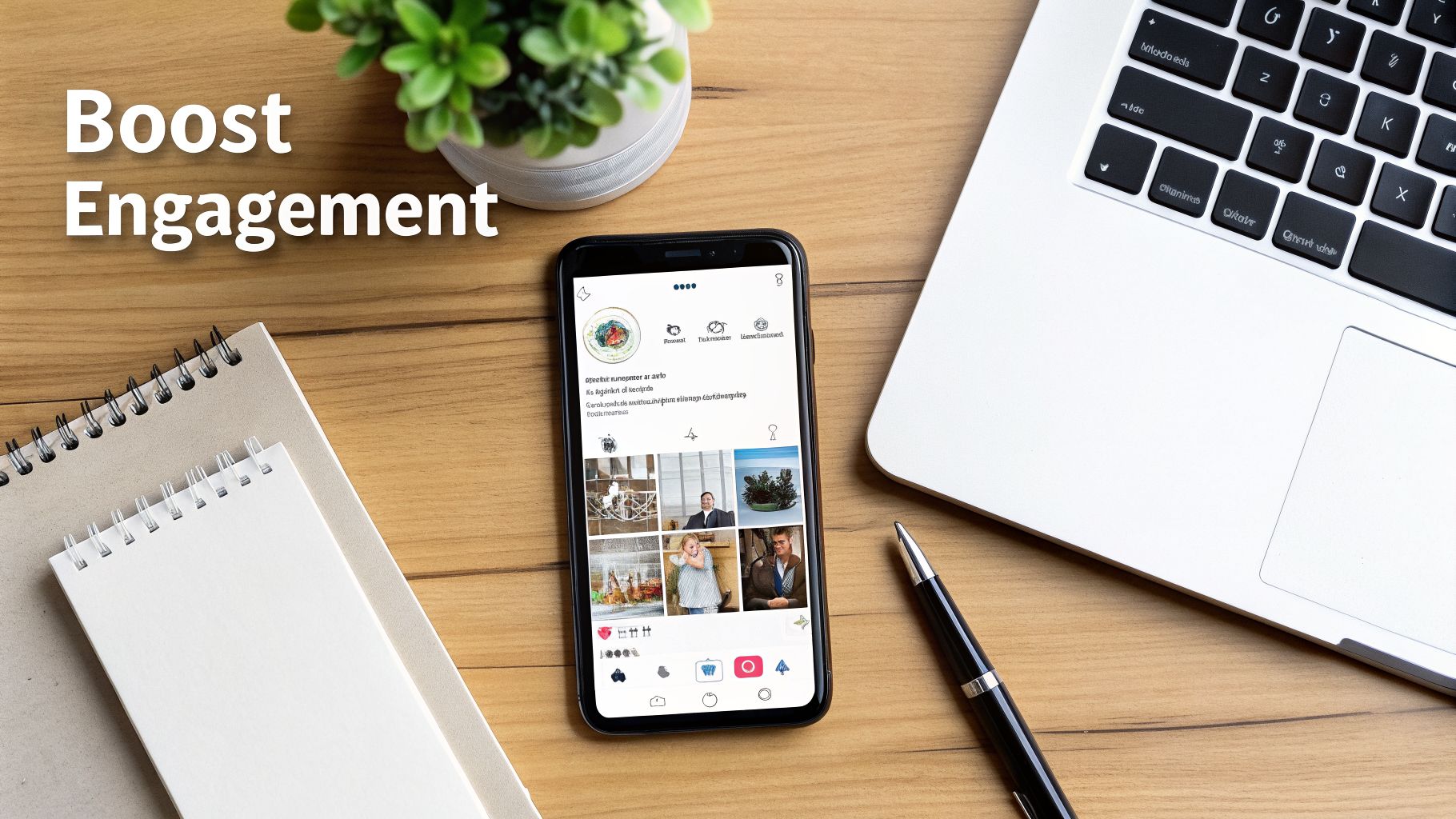 A flat lay of a desk with a smartphone showing social media, laptop, and notebooks with 'Boost Engagement' text.