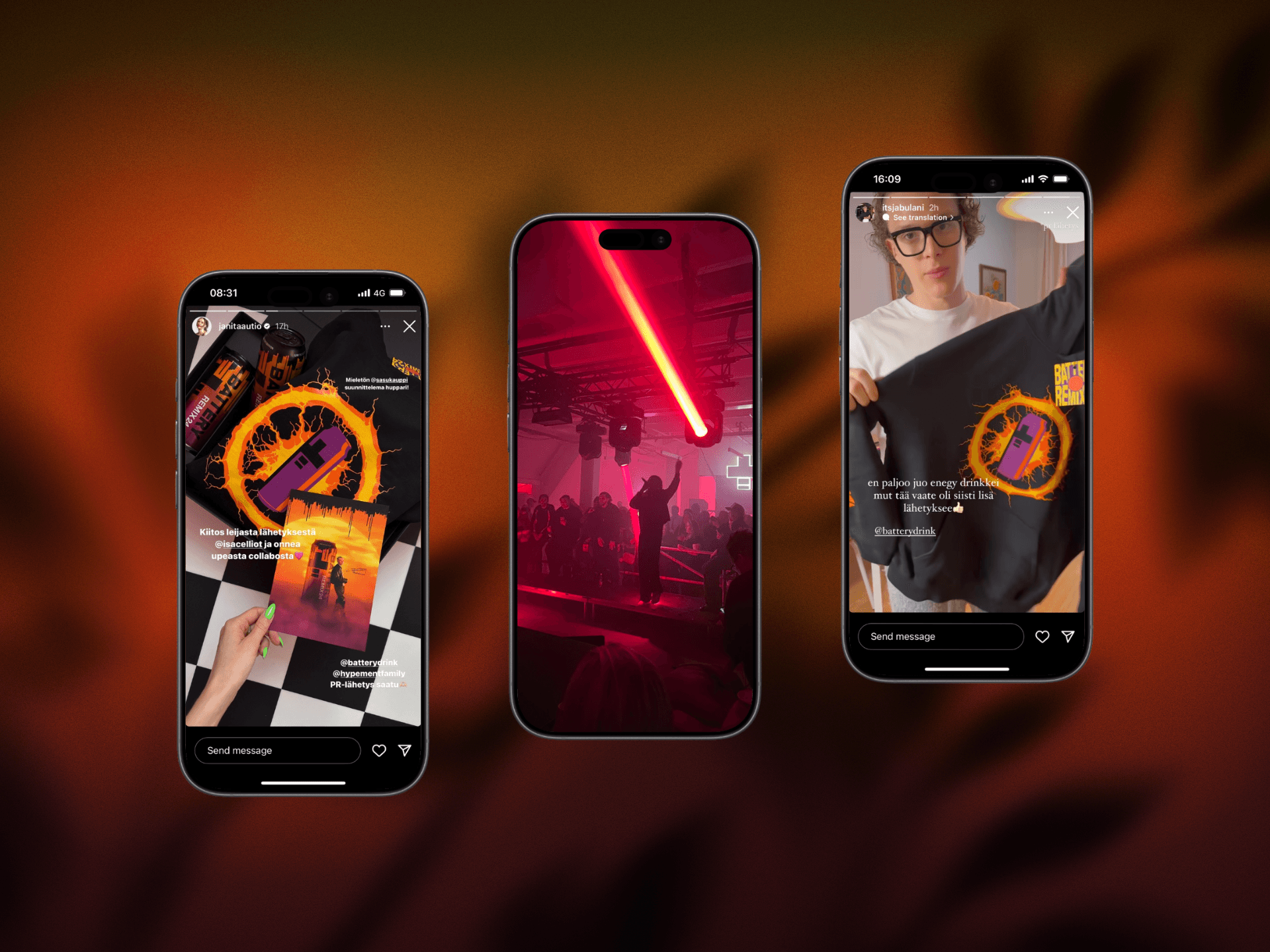 Three iphone mockups showing campaign social media content