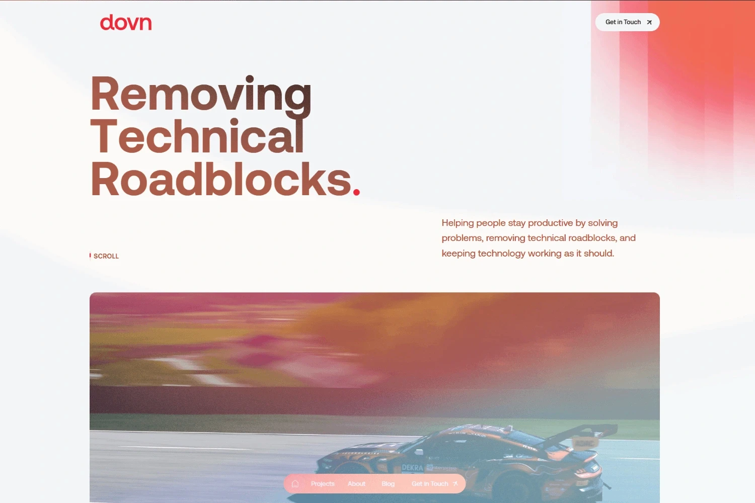Dovn homepage featuring modern IT consulting and technology branding, custom visual effects, and a professional website design.