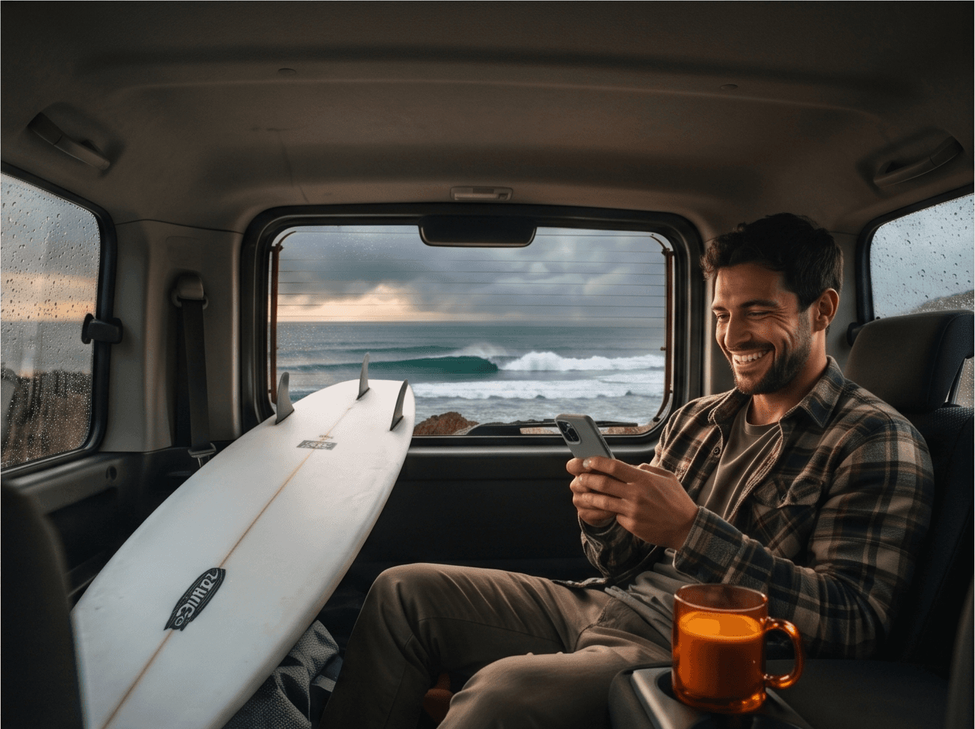 image of a man in car looking at phone texting his friend
