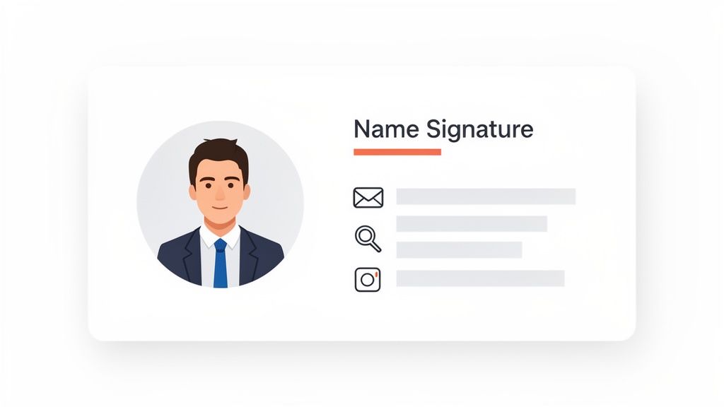 Visitenkarten-Design mit männlichem Avatar, Titel 'Name Signature' und Icons für E-Mail, Suche und soziale Medien.