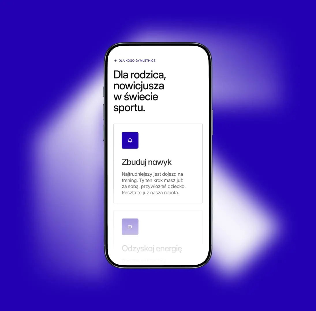 Mobile UI design for the Gymthletics app, featuring a clean white layout with bold black typography on a vibrant blue background, focused on habit building and fitness for parents.