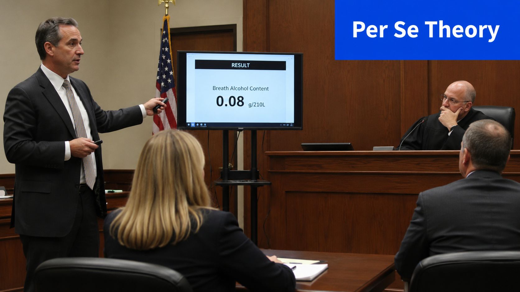 A defense attorney points to a courtroom display showing a 0.08 breath alcohol content result.