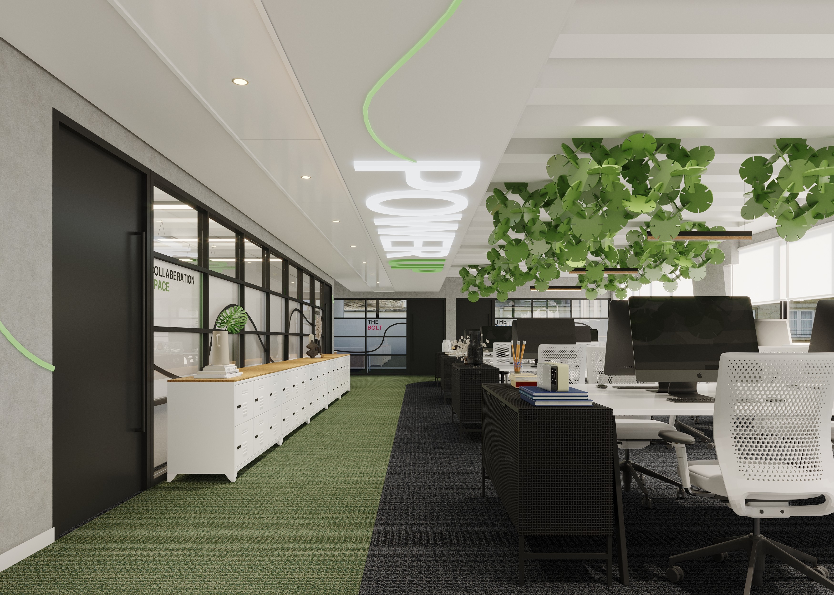 Open plan office space with LED signage, acoustic ceiling features and loose furniture