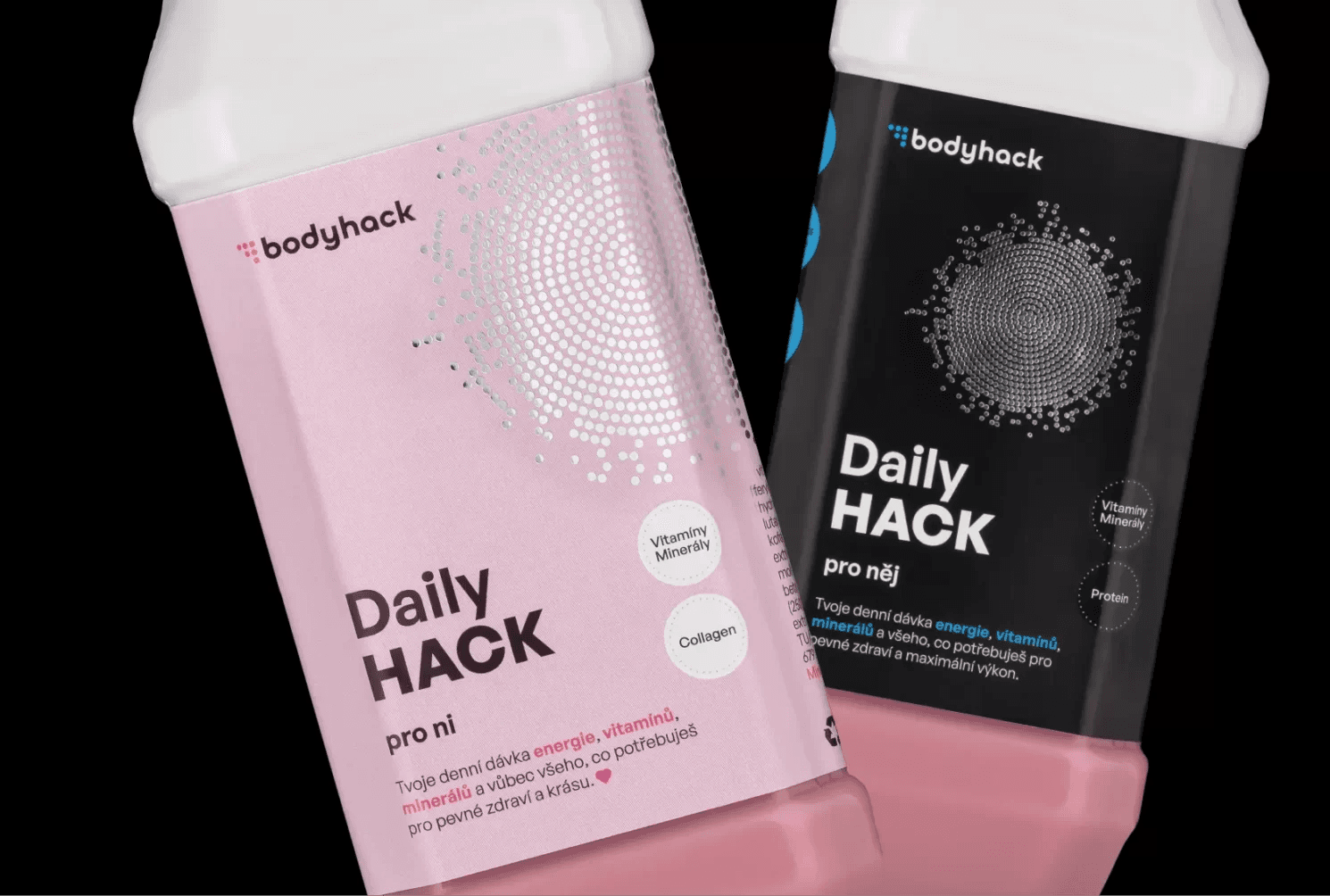Bodyhack beverage variants showing the gender-specific nutritional packaging system
