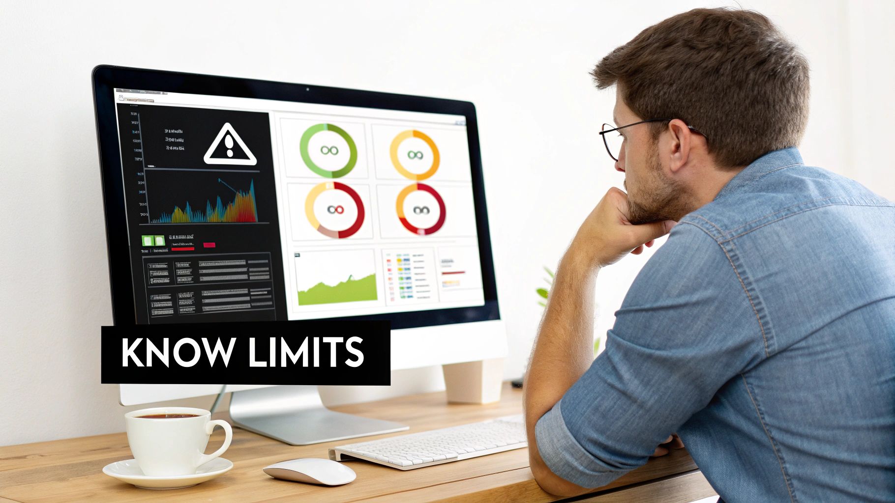 A man wearing glasses analyzes a computer dashboard showing graphs and a warning, with text 'KNOW LIMITS'.