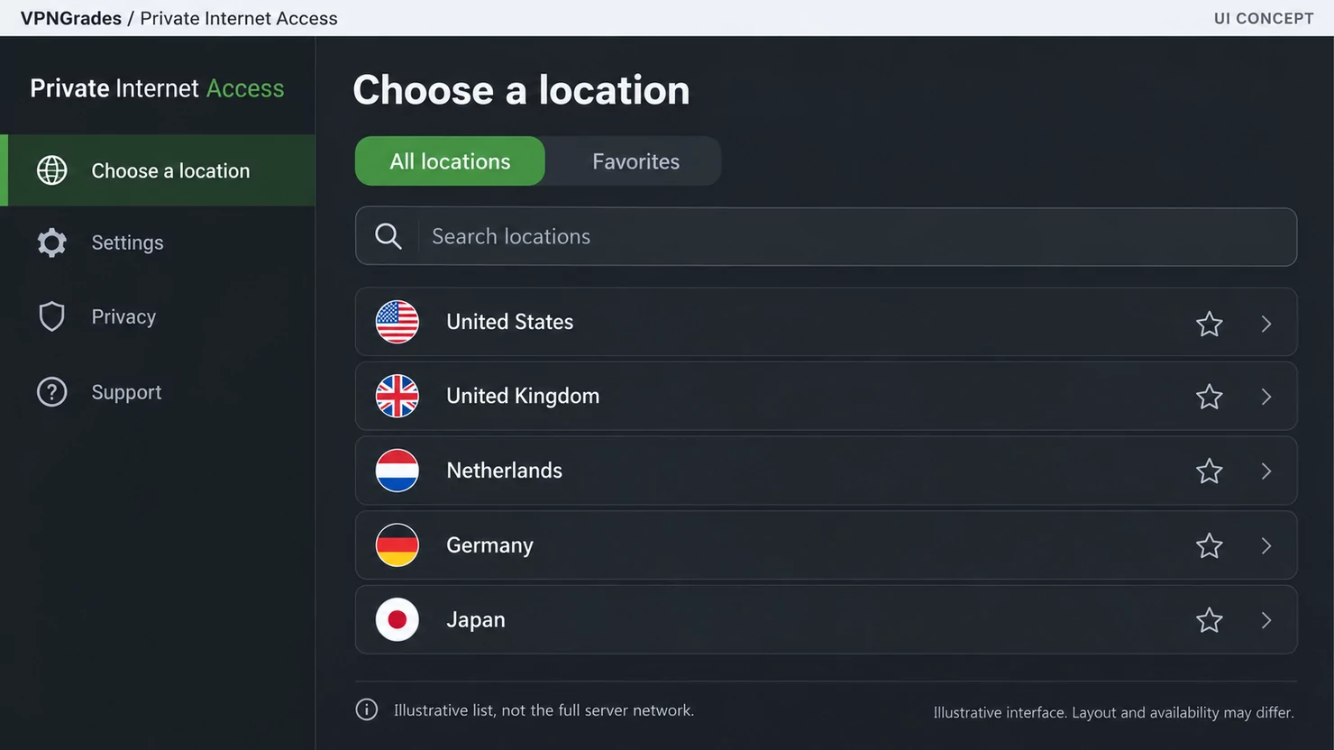Private Internet Access: a location picker concept (illustration).