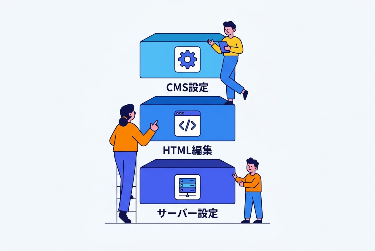 canonical実装の3レベル。CMS設定（プラグイン等）→HTML直接編集→サーバーレベル設定の順に技術的難易度が上がるが、柔軟性も向上する。