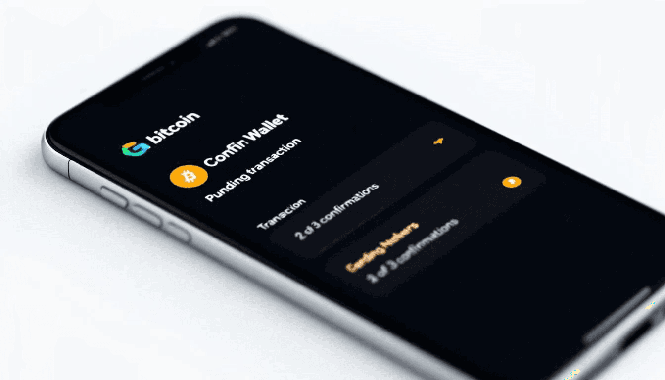 The image depicts a Bitcoin wallet interface displaying a pending transaction with its confirmation status, emphasizing the transaction details such as the transaction ID and recipient's wallet address. This interface is part of a secure wallet app, highlighting the straightforward process of sending and receiving Bitcoin payments within the Bitcoin network.