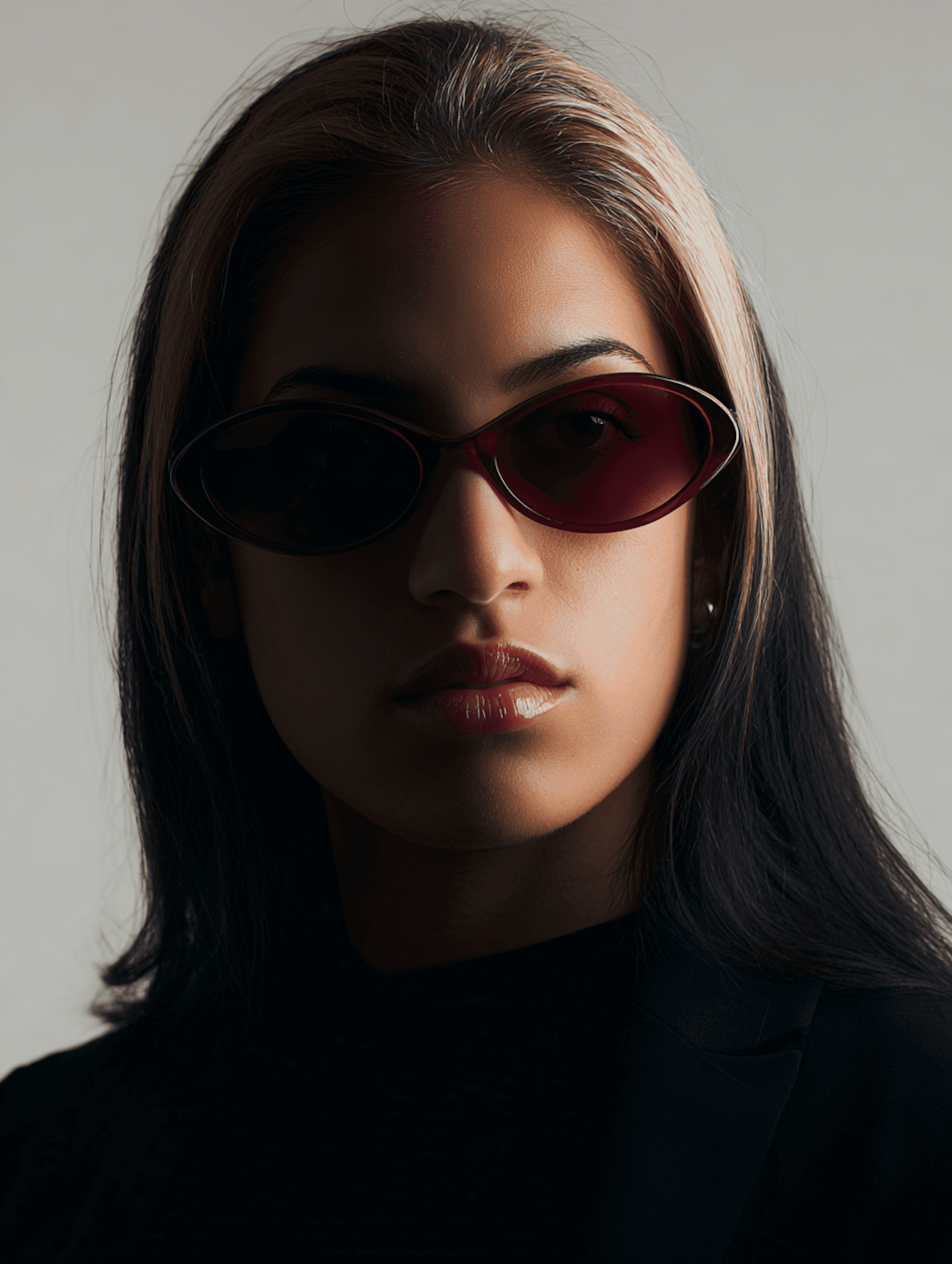 Stylish portrait of a person in dark red sunglasses, with highlighted hair and a dramatic lighting effect against a neutral background.