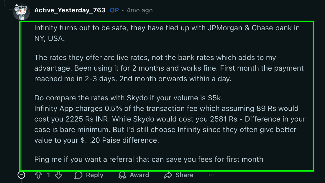 A user comparing InfinityApp with Skydo on Reddit