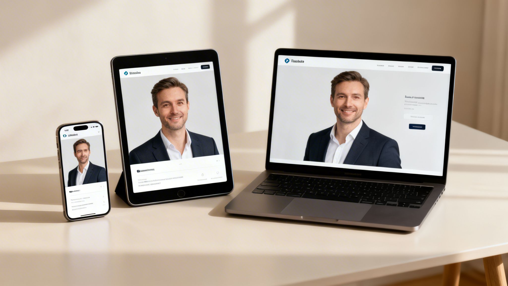 Ein professionelles Bewerbungsfoto eines lächelnden Mannes wird auf Smartphone, Tablet und Laptop gezeigt.