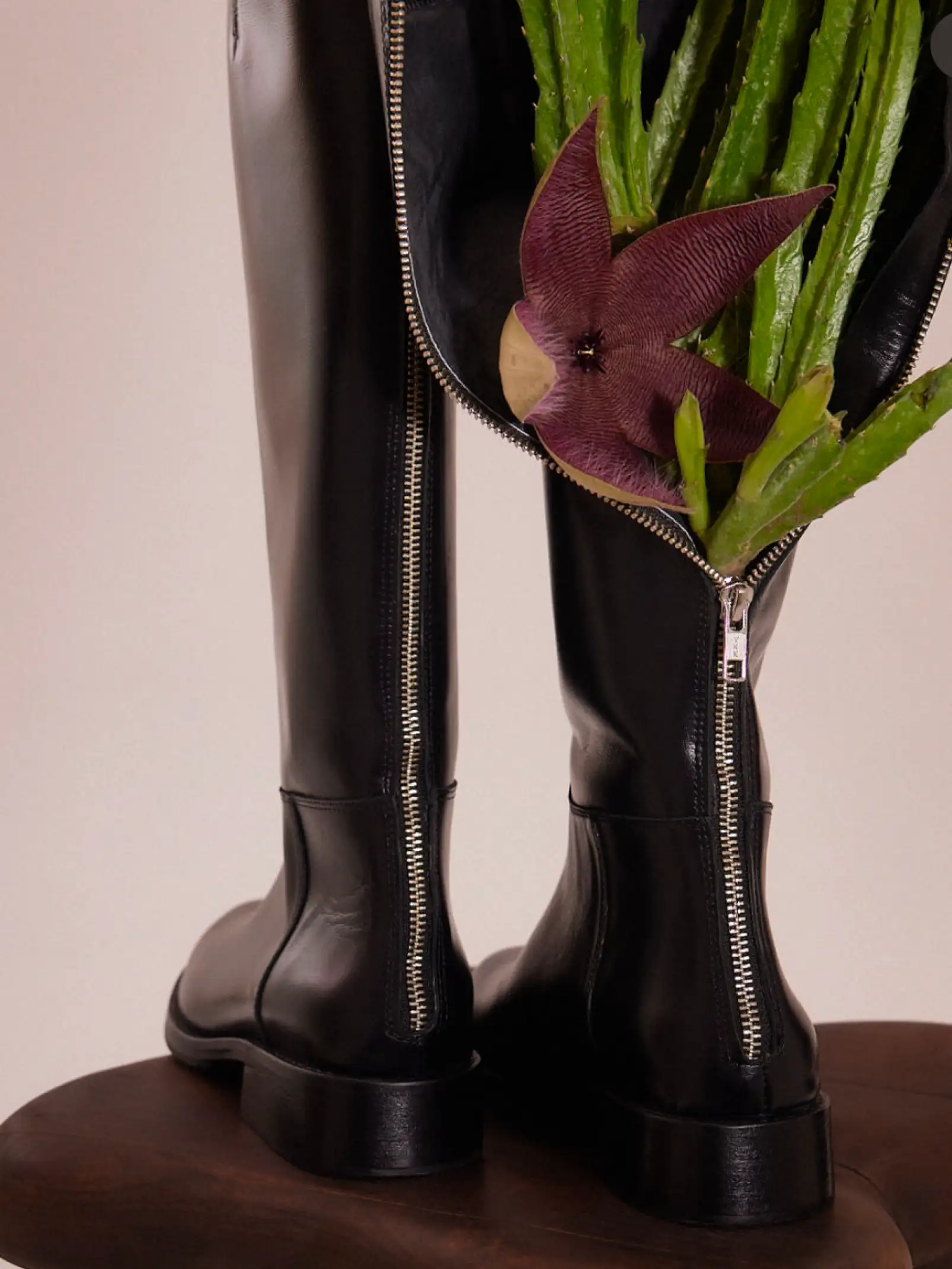 Bota de cuero negra con cierre metálico y flor exótica para editorial de moda contemporánea que fusiona naturaleza y diseño.