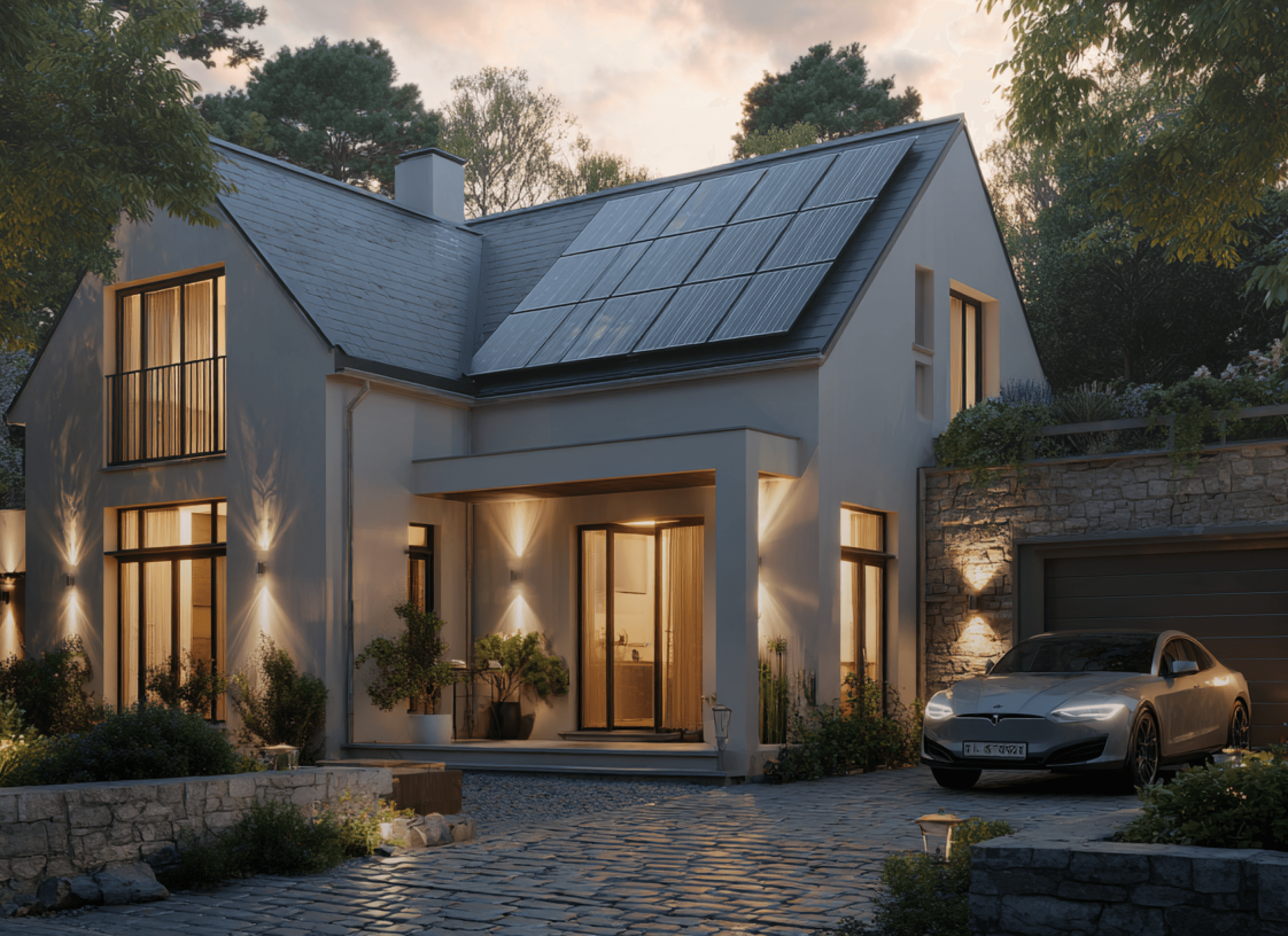 Maison moderne avec panneaux solaires installés sur le toit — électricien MODELEC Gaillac Tarn