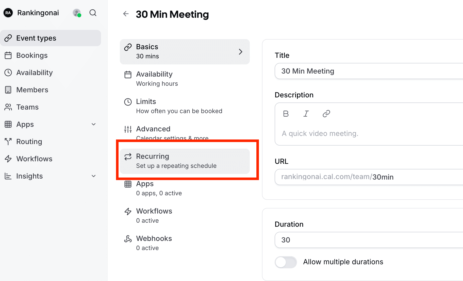 Setting recurring events in Cal.com