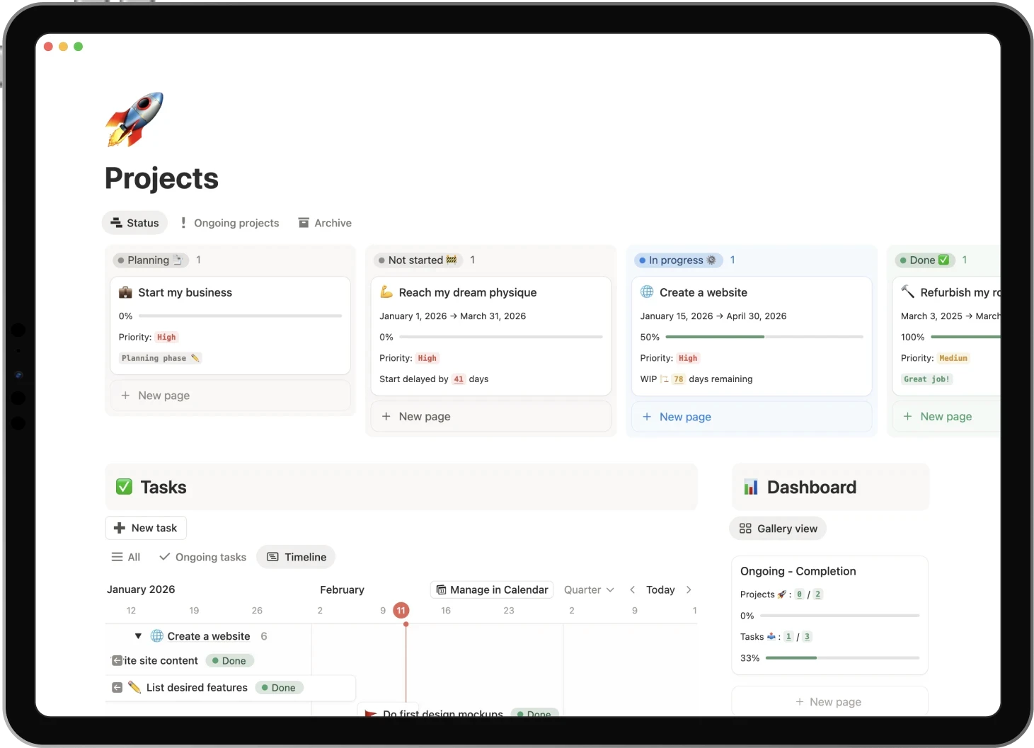 Ipad displaying the Projects template: manage projects, break it down into smaller tasks and monitor your projects completion.