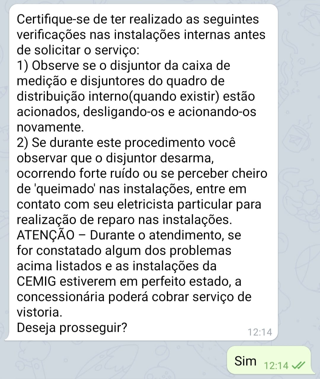 atendimento cemig pelo telegram estou sem luz