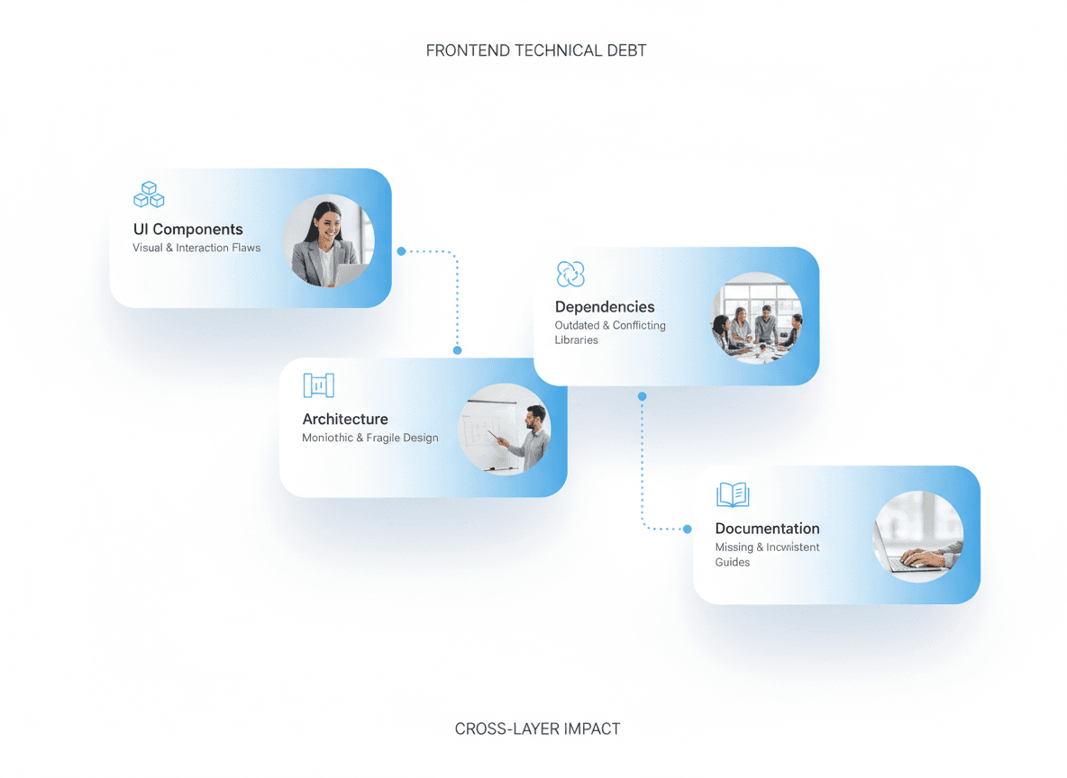 SaaS analytics dashboard illustrating increased frontend maintenance costs and slower feature delivery caused by accumulated technical debt
