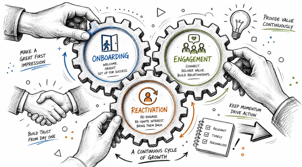 Een illustratie van drie tandwielen die de continue cyclus van klantbehoud, onboarding, betrokkenheid en reactivering voorstellen.