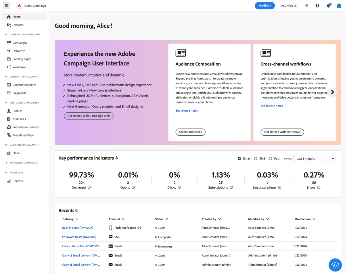 AdobeCampaign displays key performance indicators 