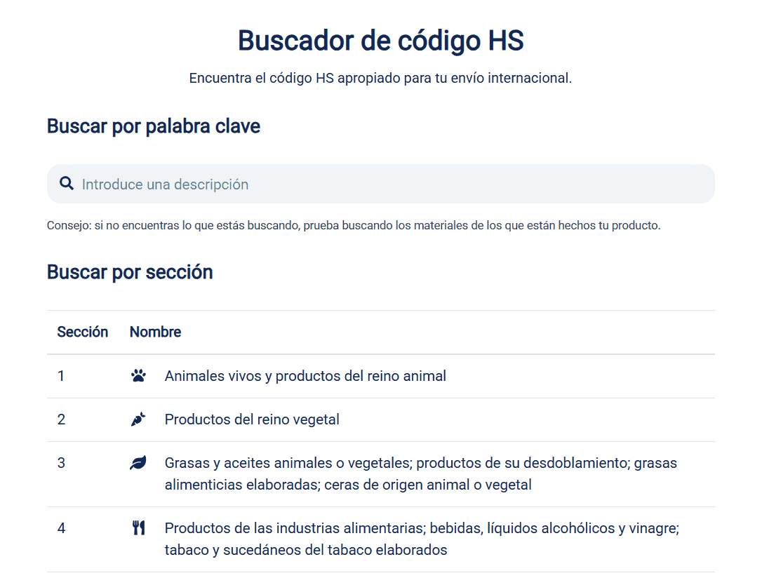 Pantallazo de la herramienta de búsqueda de códigos arancelarios de Sendcloud.
