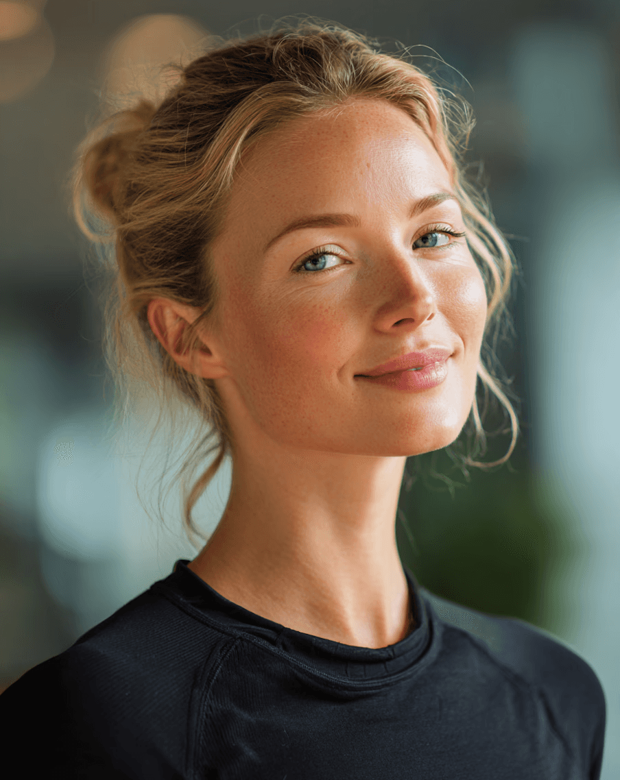 Portrait of a woman with relaxed blonde hair in a bun, wearing a black shirt. She smiles gently, exuding a calm and positive vibe. Soft blurred background.