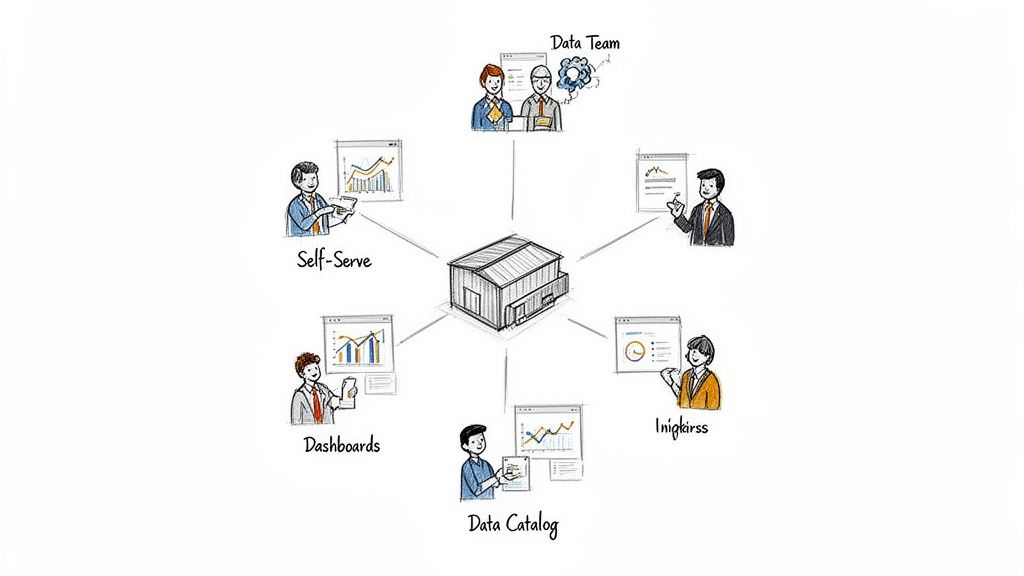 Diagram showing a central data warehouse enabling self-serve, dashboards, and data teams.