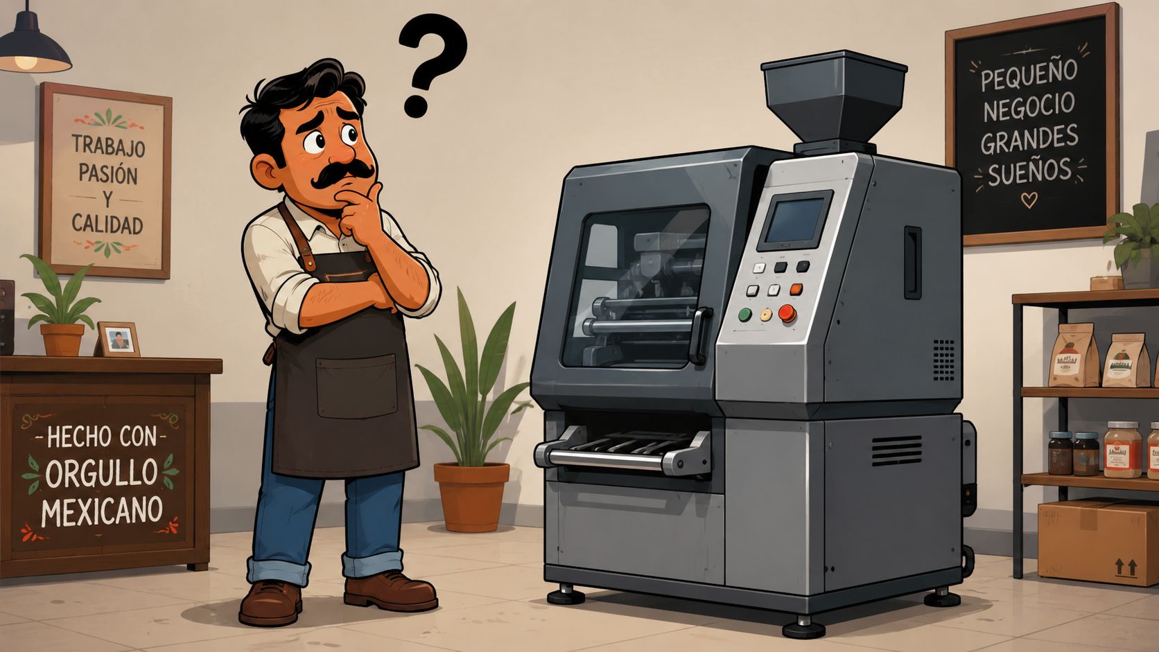 Un artesano mexicano reflexiona junto a una moderna máquina industrial de procesamiento de café en su taller.