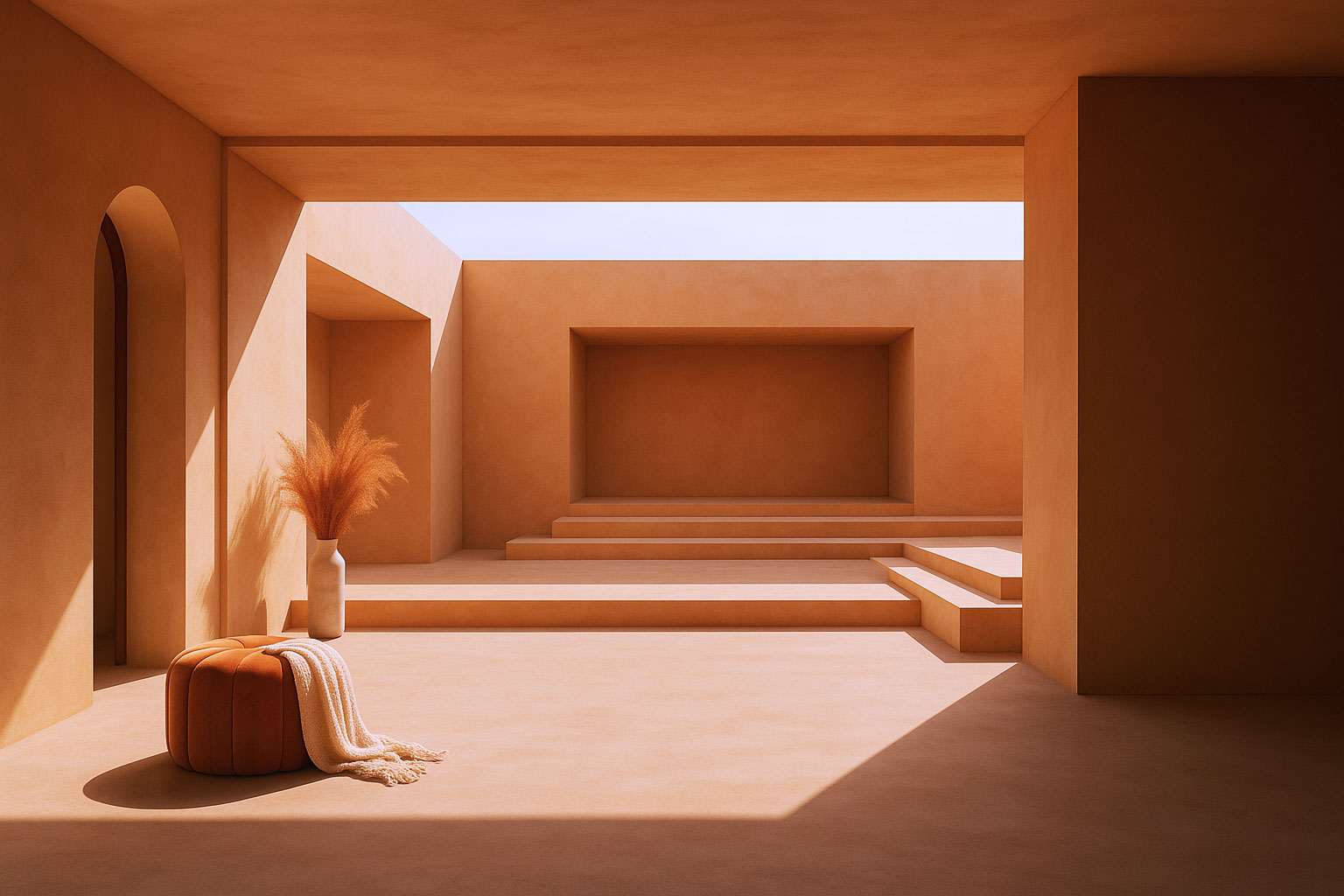 Minimalist terracotta space with open courtyard, geometric steps, and natural light.