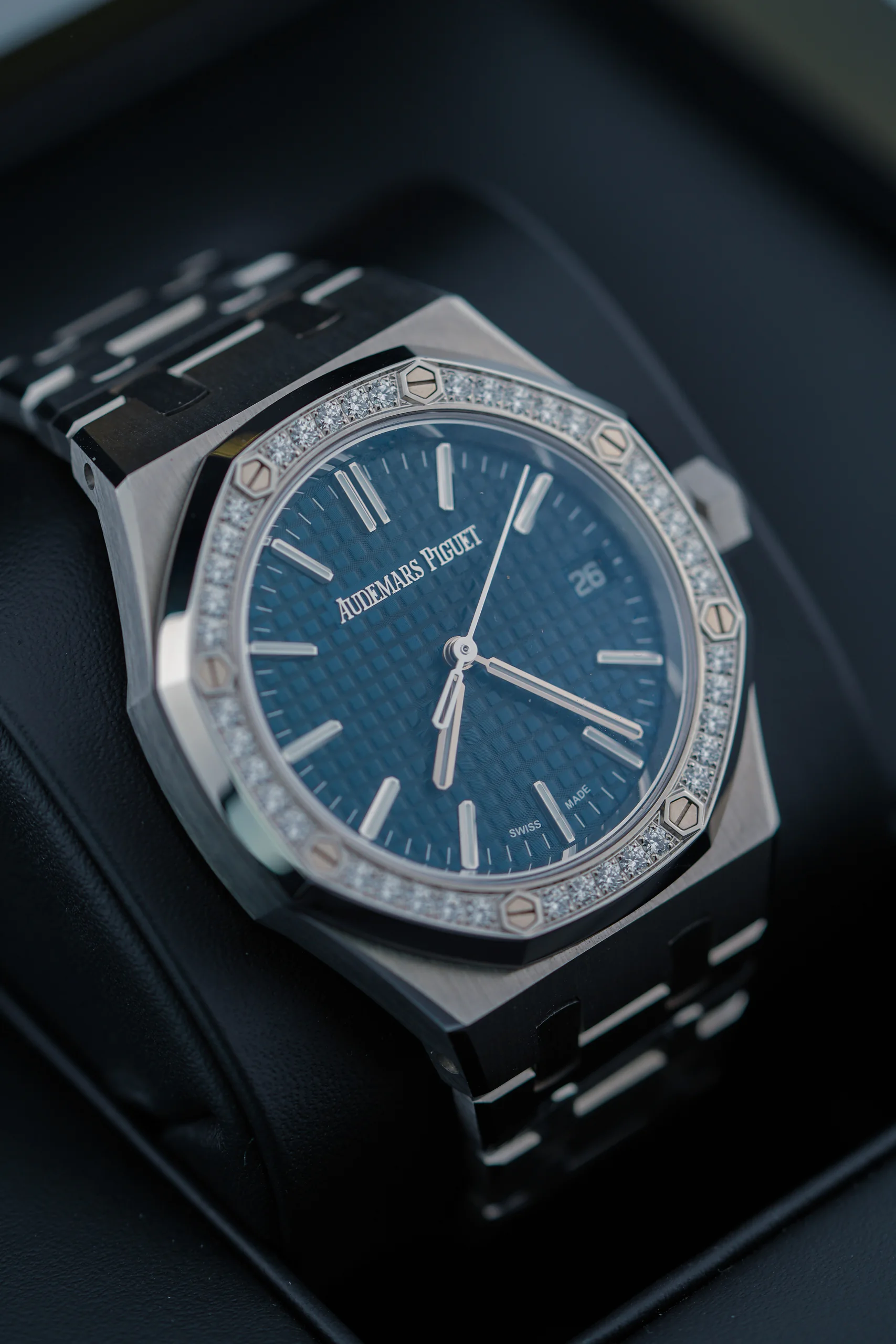 Three-quarter view of the Audemars Piguet Royal Oak 37mm Diamond Bezel 15551ST