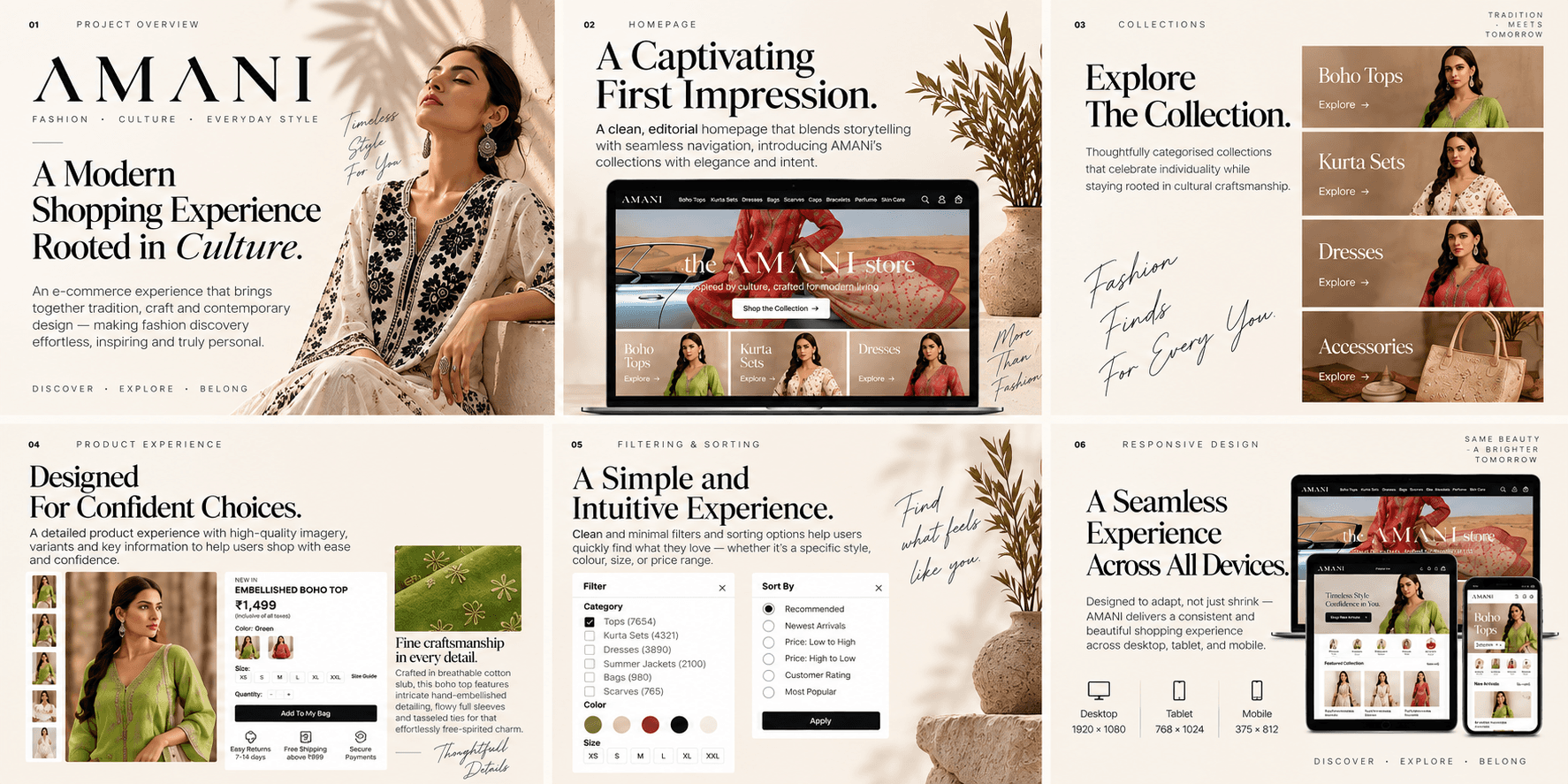 AMANI Store — an e-commerce UI/UX and responsive web design project combining fashion, cultural storytelling and effortless product discovery across desktop and mobile.