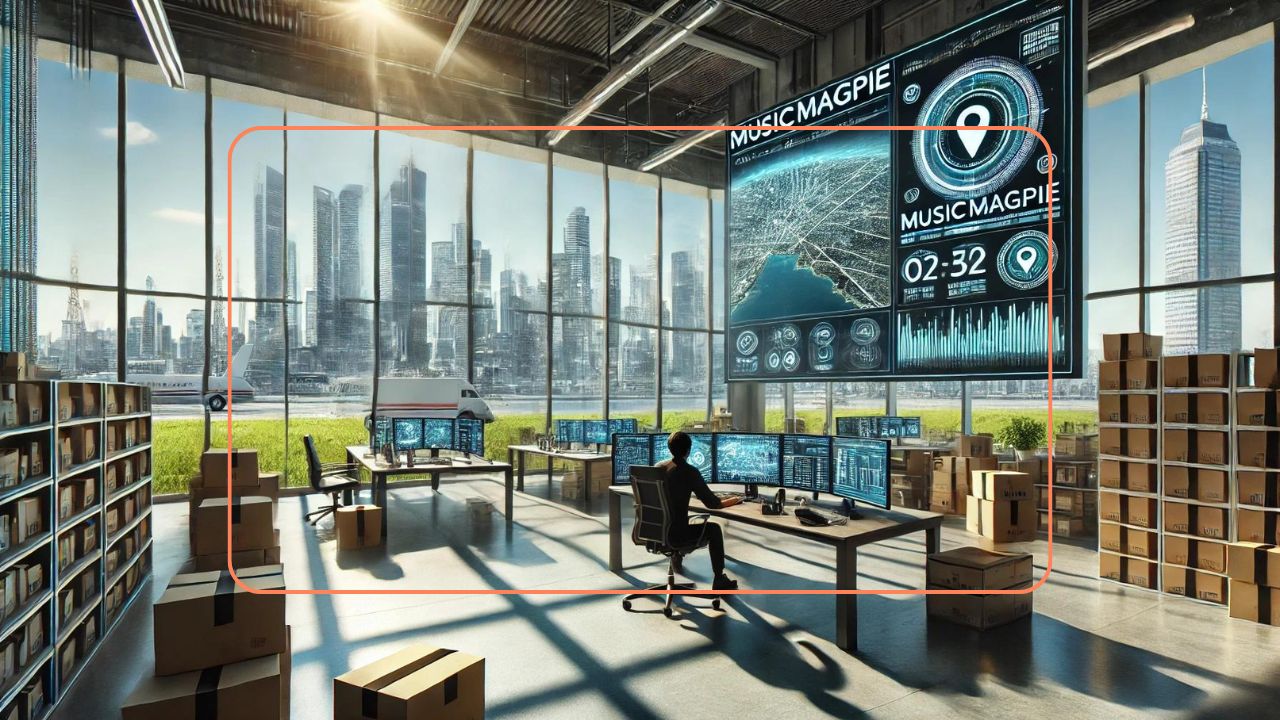 Person monitoring logistics and deliveries on multiple screens in a warehouse office with city view