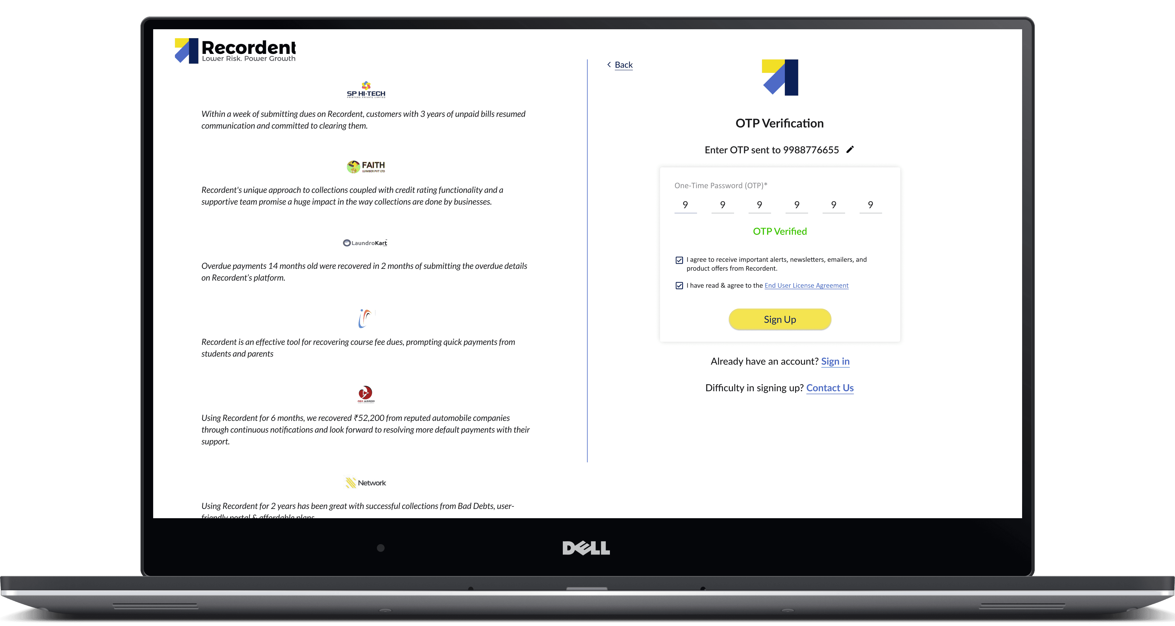 Prospect enters OTP and once it is verified, Sign-up CTA is enabled