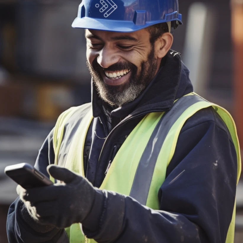  Construction worker wearing Converge safety helmet and hi-vis vest smiling while using a smartphone on a job site.