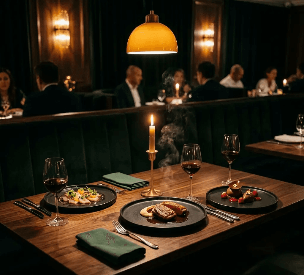 Plated fine-dining dish served on a dark table in Vesper's candlelit dining room