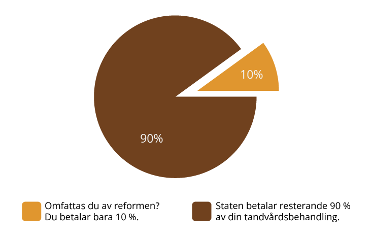 Cirkeldiagram som visar tandvårdsreformen: en liten orange del på 10 % (patientens kostnad) och en stor brun del på 90 % (staten betalar resterande av tandvårdsbehandlingen).