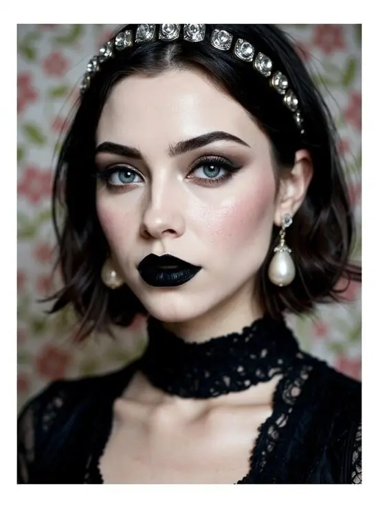 Close-up of goth AI girl with jeweled headband and pale skin