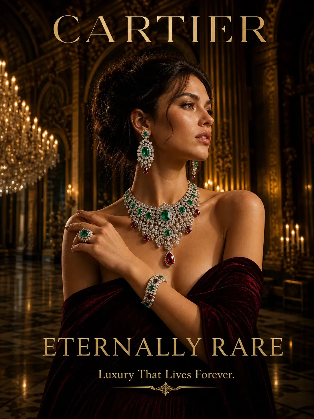 AI-generated Cartier luxury poster of an elegant woman adorned with fine jewelry in a golden palace-like setting, emphasizing timeless prestige.