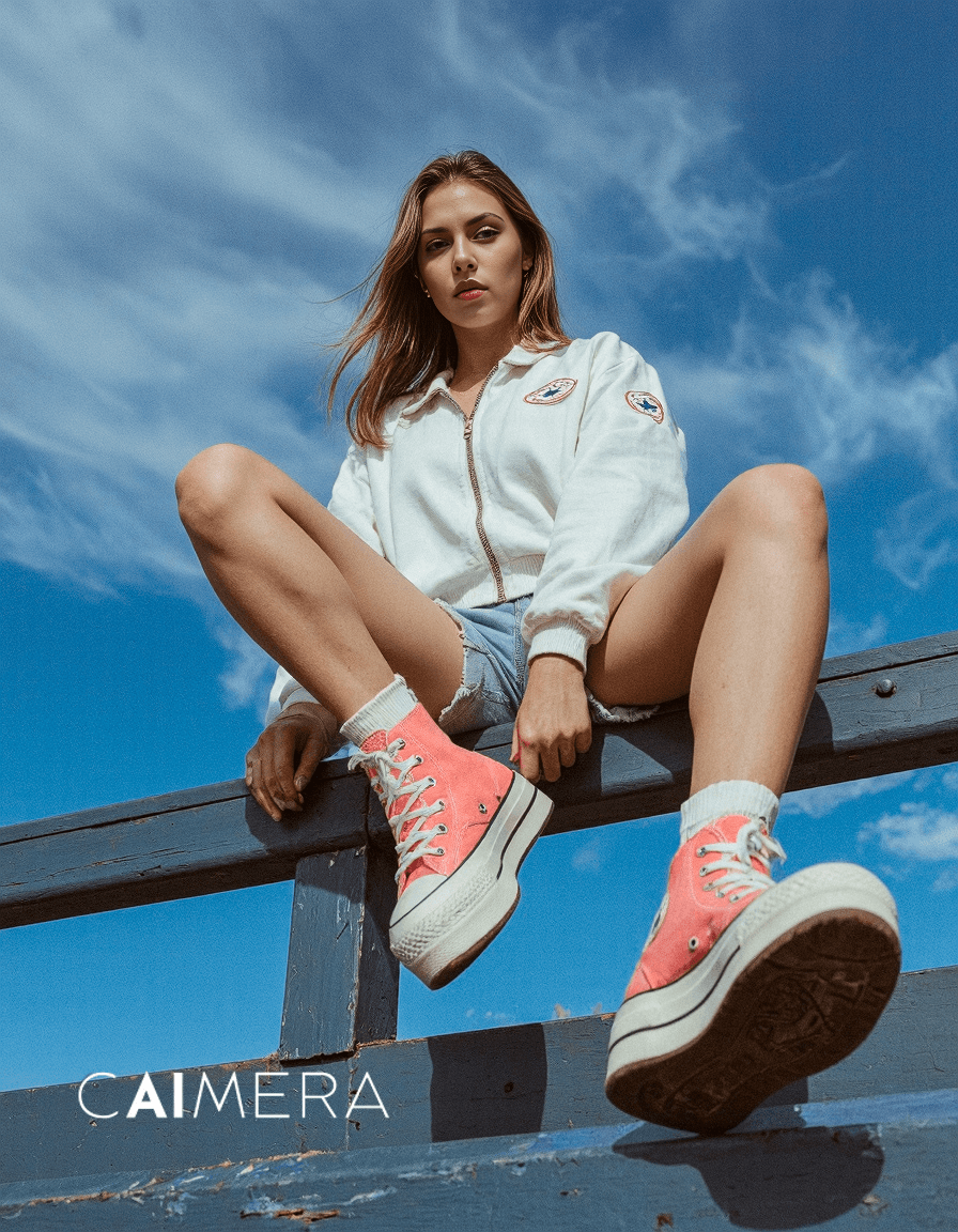 Fashion photography featuring coral high-top sneakers against blue sky, white zip-up jacket and denim shorts with modern summer styling