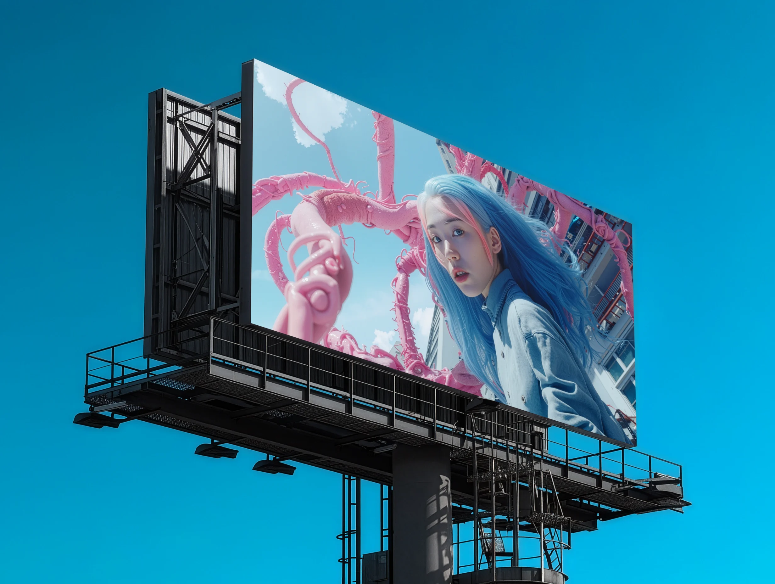 Billboard display featuring a fashion campaign image of a model with blue hair and pink tentacle shapes