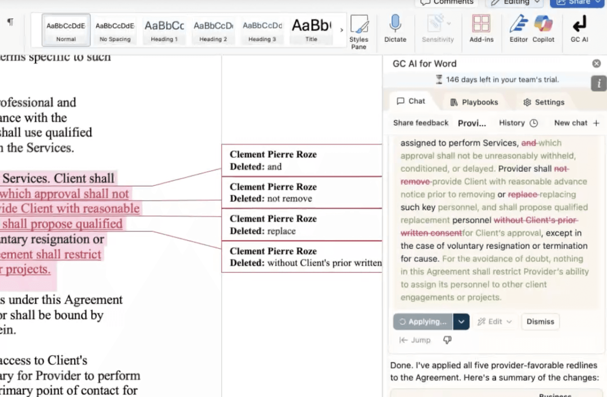 GC AI Word plugin showing redlining feature