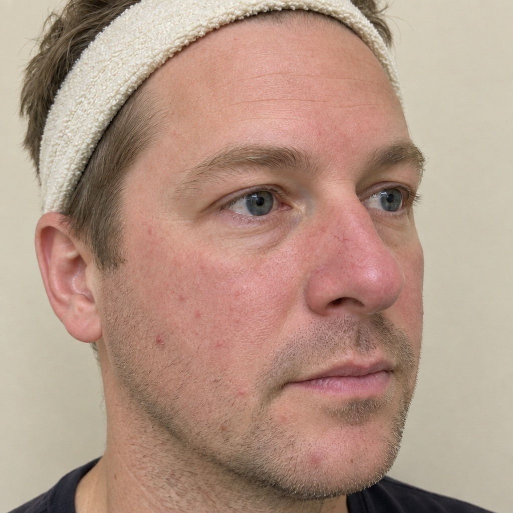 Week 6: the same face after six Dermalux LED sessions, with calmer, less red skin